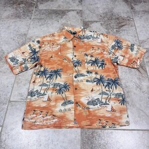 Tommy Bahama Shirt Men's Orange Floral Beach Palm Tree Short Sleeve Large
